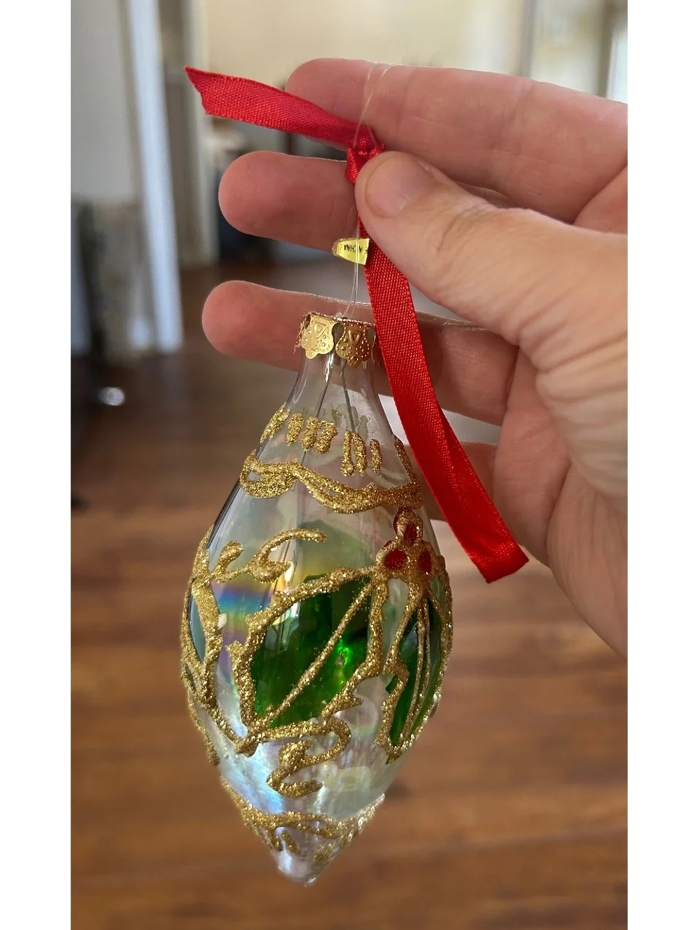 Vintage Glass Christmas Ornament with Gold Glitter and Red Ribbon